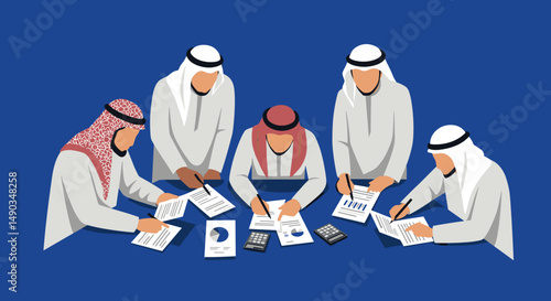 Group of Arabic Men in Traditional Attire Collaborating at a Table Over Documents and Graphs