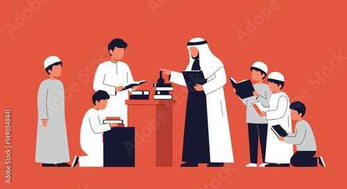 Group Of Muslim People In Traditional White Attire In An Education Lesson With Red Background