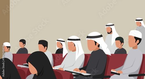 Group Of People Attending A Lecture In A Brown Interior Wearing Traditional Clothing