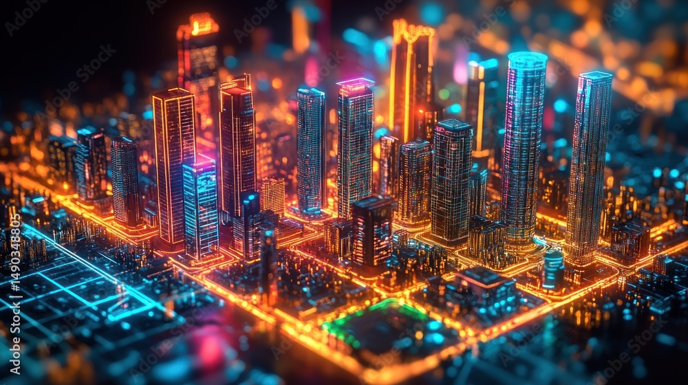 Obraz premium Neon Cityscape: A Futuristic Metropolis at Night