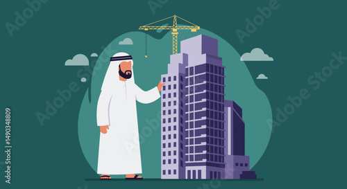 Isometric Pixelated Illustration of Arab Architect Observing Building Construction Project in Green Backdrop