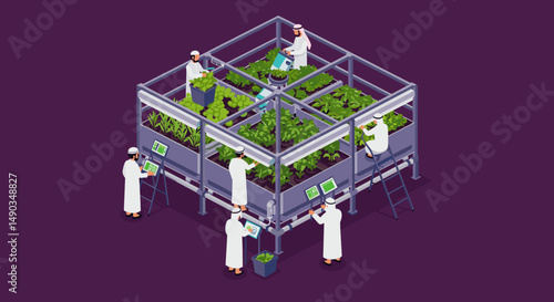 Isometric Pixelated Garden And Scientists Researching With Plants Growing In Modern Structure With White Lab Coats
