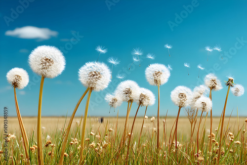 Dandelion field with fluffy seed heads, bright blue sky, vibrant yellow grass, symbolizes nature's beauty and tranquility.