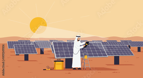 Man in Traditional White Garb Working on Solar Panels in a Desert Environment Under the Sun