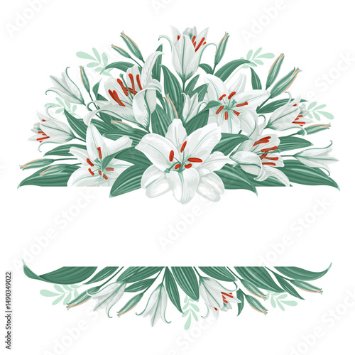 Greeting card, label. Floral decorative vignette with white lily flowers and copy space. Decor, composition with daylily, leaves and buds isolated on white background. Vector illustration