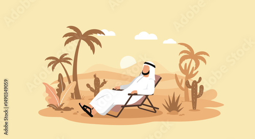 Man Resting In A Reclining Chair Amidst Desert Landscape With Palm Trees And Sun In Pixel Art Style