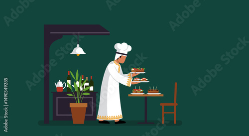 Pixel Art Chef Serving Plates Of Food At A Restaurant Table With Green Background
