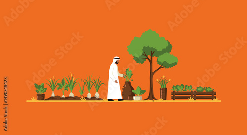 Pixel Art Depiction Of Arab Man Gardening In Orange Field With Green Plants And Tree