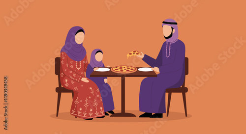 Pixel Art Family Eating Pizza Together At A Brown Wooden Table In An Orange Room