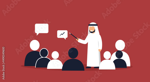 Pixel Art Illustration of Arabian Man Giving a Presentation to a Group