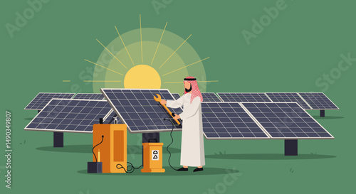 Pixel Art of Arab Man Installing Solar Panels Under Shining Sun Against Green Backdrop