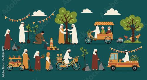 Pixel Art Scene Of People Cleaning And Planting Trees In An Arabian Town With Banners And Vehicles