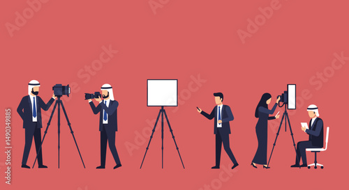 Pixel Art Team Of Photographers And Presenters In Formal Attire On Red Backdrop