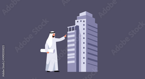 Pixelated Arab Man Architect Pointing At Tall Buildings With White And Grey Tones Against Dark Grey Background
