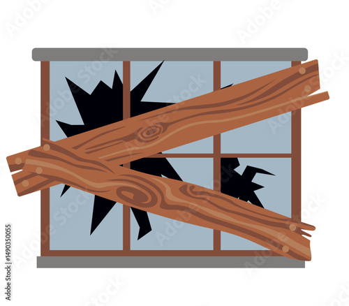 Broken and boarded up window flat vector illustration. Abandoned house window. Concept symbol