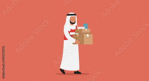 Pixelated Arab Man Carrying Cardboard Boxes Against Red Background Showing Delivery or Relocation Concept