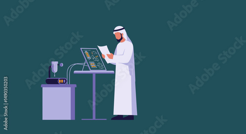 Pixelated Arab Man in White Attire Reading Tablet at Office Desk with Green Backdrop