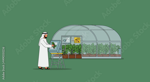 Pixelated Arab Man In White Traditional Clothing Supervising Plants Inside Greenhouse Using Digital Screen