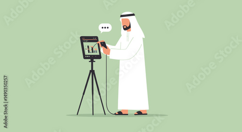 Pixelated Arab Man in White Traditional Outfit Interacting with Tablet on a Tripod Against a Green Background