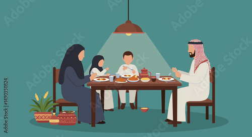 Pixelated Family Sharing Meal Around Wooden Table Under Hanging Lamp in Teal Room