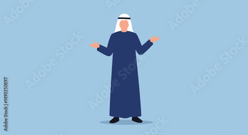 Pixelated Figure Of Arab Man In Traditional Robes On Light Blue Background With Open Palms