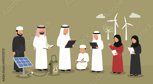 Pixelated Group Of Arabs Discussing Renewable Energy Sources With Solar Panel And Wind Turbines