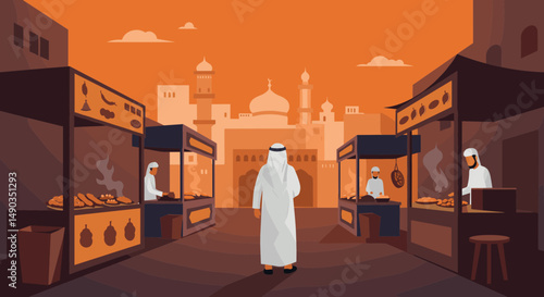 Pixelated illustration of a man walking through a Middle Eastern market scene with vibrant orange hues and traditional architecture
