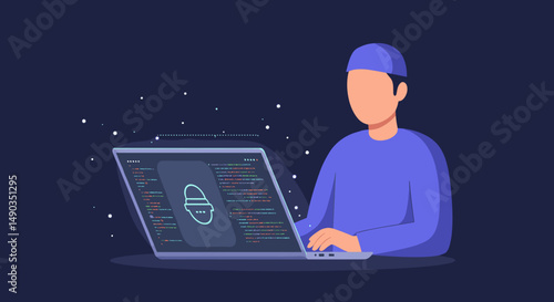 Pixelated Illustration Of A Man In Blue Working On Computer With Security Lock Icon Displaying Digital Data On Dark Blue Background