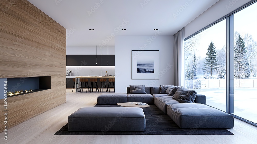 Fototapeta premium Modern living room with large windows, a gray sectional sofa, minimalist decor, and a view of a snowy landscape outside.