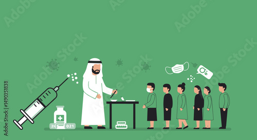Pixelated Illustration Of Arab Doctor Administering Vaccine To Patients In Green Background