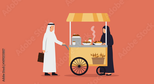 Pixelated Illustration Of Arab Man Buying Food From Street Vendor Cart With Woman In Traditional Attire In Orange Background