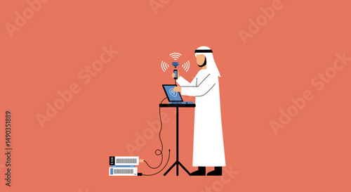 Pixelated Illustration Of Arab Man Giving Presentation Holding Microphone Near Laptop On Red Background