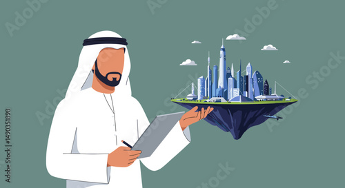 Pixelated Illustration Of Arab Man Holding Tablet With Floating City In Modern Color Scheme