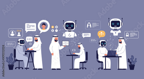 Pixelated Illustration Of Arab Men Interacting With AI Robots In Business Environment