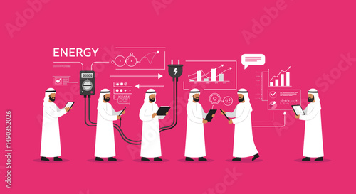 Pixelated Illustration Of Arab Men in White Robes Interacting with Energy Diagrams on a Pink Background