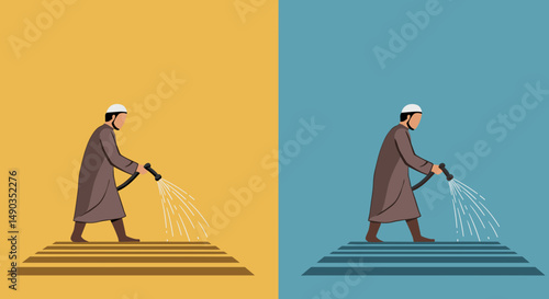 Pixelated Man Spraying Water On Yellow And Blue Backgrounds With Brown Steps