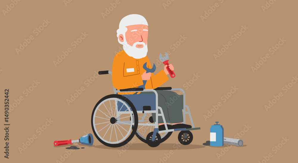 Pixelated Senior Man With White Beard Holding Wrench Sitting in Wheelchair Surrounded by Tools on Brown Background Pixelated Senior Man With White Beard Holding Wrench Sitting in Wheelchair Surrounded by Tools on Brown Background