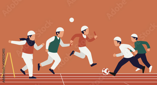 Pixelated Soccer Game Illustration Featuring Active Male Players in Uniforms on Orange Court Background