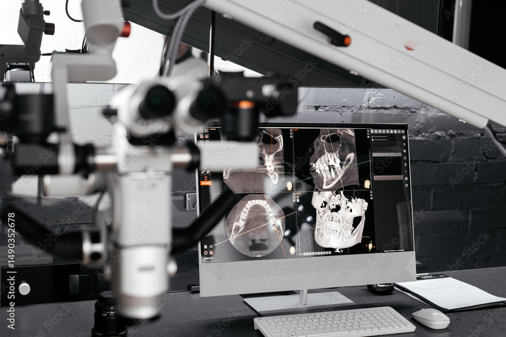 Naklejka premium Microscope in dentistry on the background of the screen with images of the jaw. Concept of modern dental technology.