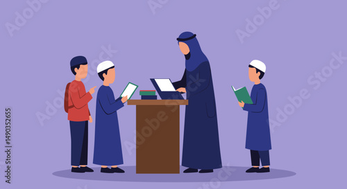 Teacher in Blue Dress Instructing Muslim Boys in White Caps Standing and Reading Books at Wooden Table on Purple Background