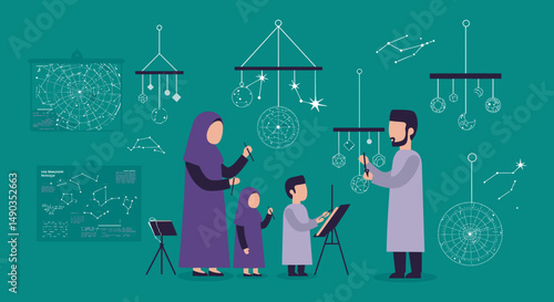 Teacher With Children In Classroom Holding Tools Standing Next To Easels With Green Background