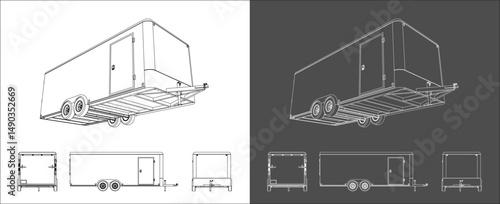 Set Outline of a 20' car trailer Recreational Vehicle RV 8.5x20 feet enclosed from various angles.  Vector blueprint isolated on a transparent background