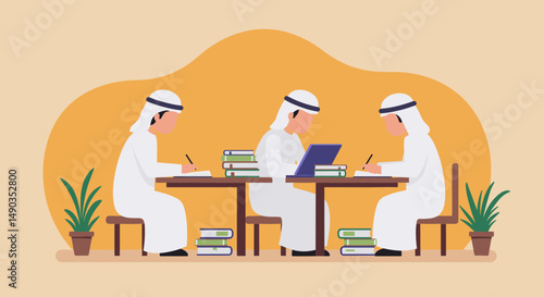 Three Men In Traditional White Attire Studying At Table With Books Laptop and Plants in Beige Background