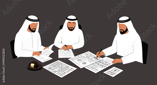 Three Men in Traditional White Clothing Sitting at a Table Reviewing Documents in Dark Gray Background