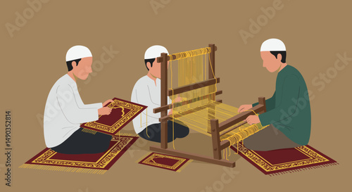 Three Men Weaving Fabric On Wooden Loom With Gold Thread And Red Patterned Rugs On Brown Background