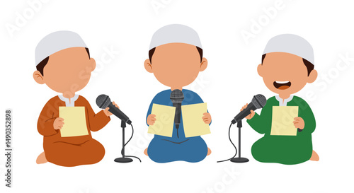 Three Young Boys Wearing Muslim Caps Reciting With Microphones On White Background