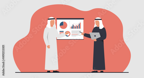 Two Arab Businessmen Presenting Financial Data on Board during a Business Meeting in Minimalist Illustration Style