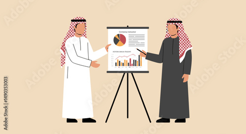 Two Arab Businessmen Presenting Data on a Flip Chart in an Office Setting with Beige Background