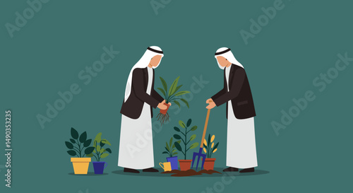 Two Arab Men in Traditional Attire Planting Trees in a Pixelated Illustration with Green Background