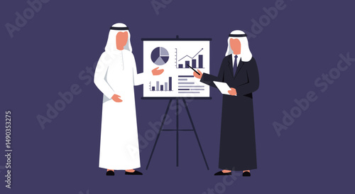 Two Arab Men in Traditional White and Black Attire Presenting Financial Charts on a White Board in a Business Meeting